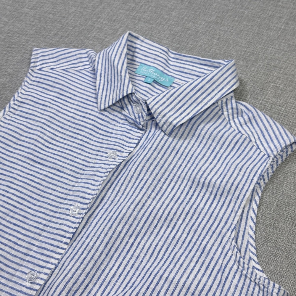 Anthony's Resort Wear Sleeveless Linen Button-Up Shirt Womens Small Blue Striped